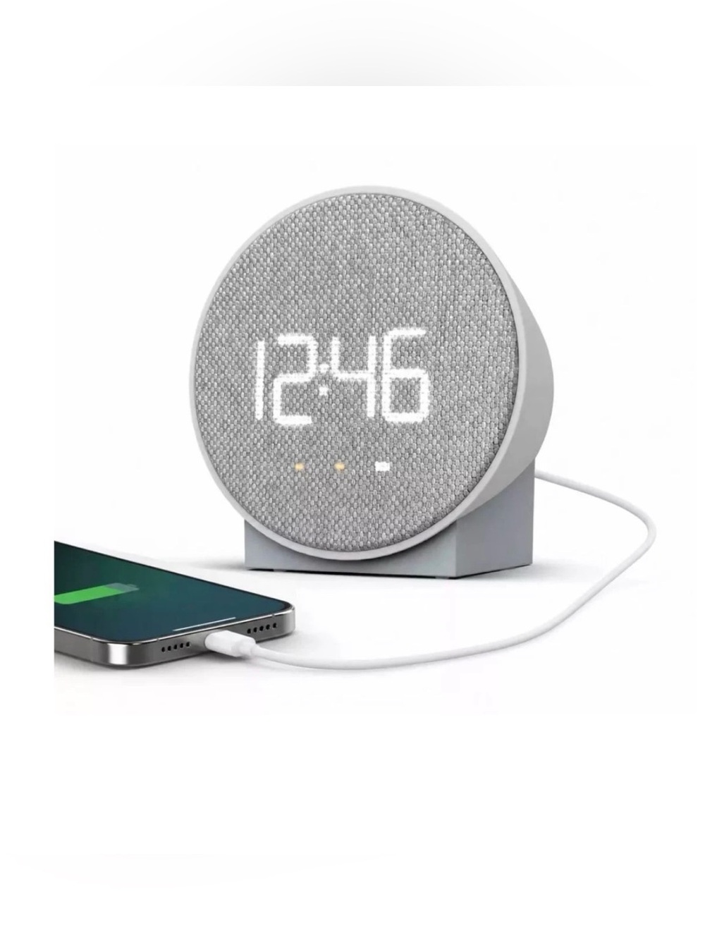 Compact Round Digital Alarm Clock with Fabric Face - Light Gray